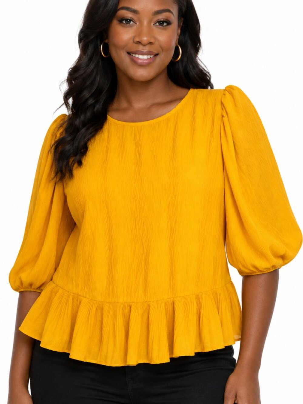 Zara Marigold Yellow Textured Peplum Puff-Sleeve Blouse
